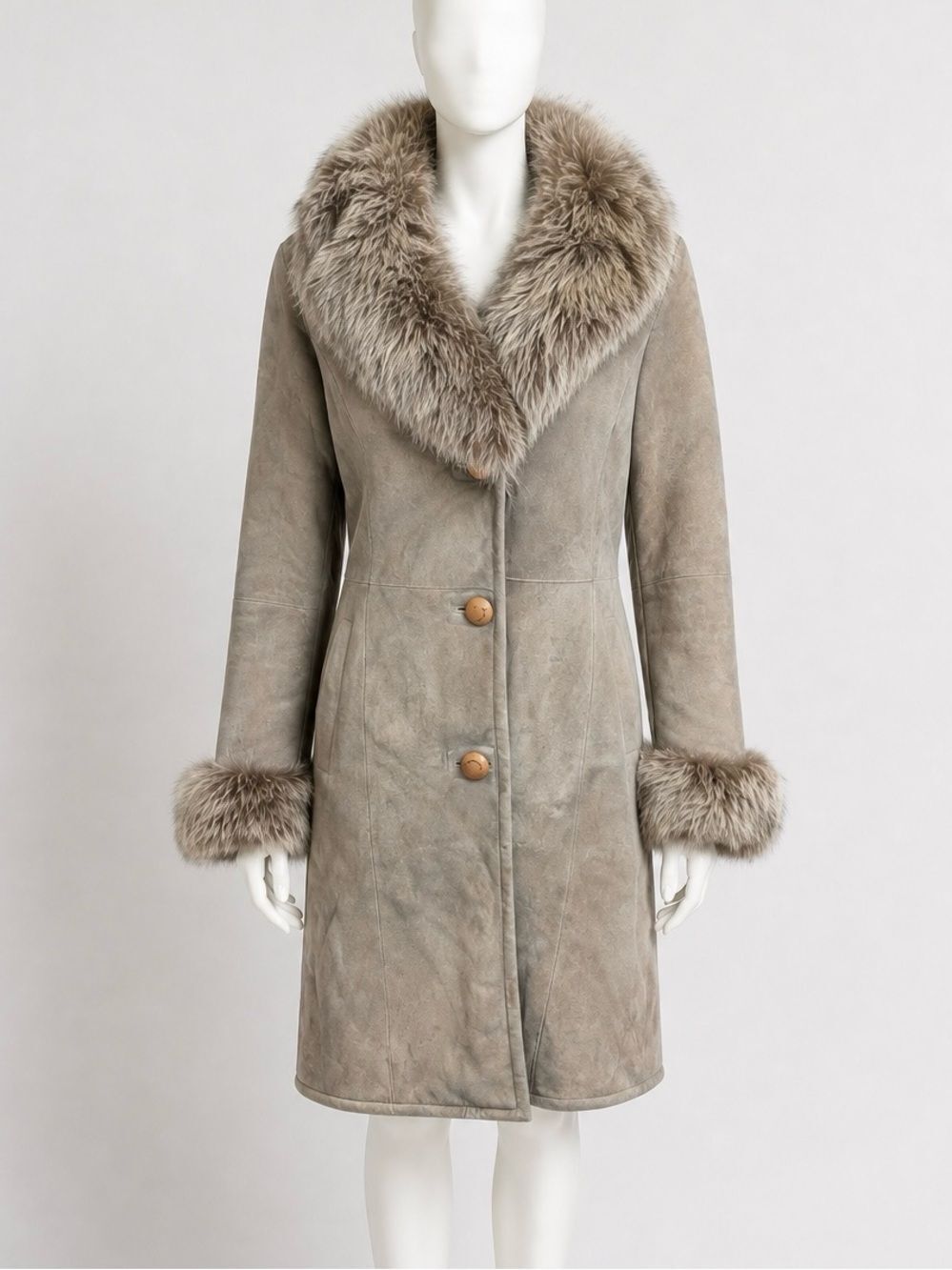 Shearling Suede Coat Fox Fur Trim Gray Beige Lambskin Sheepskin XS/S